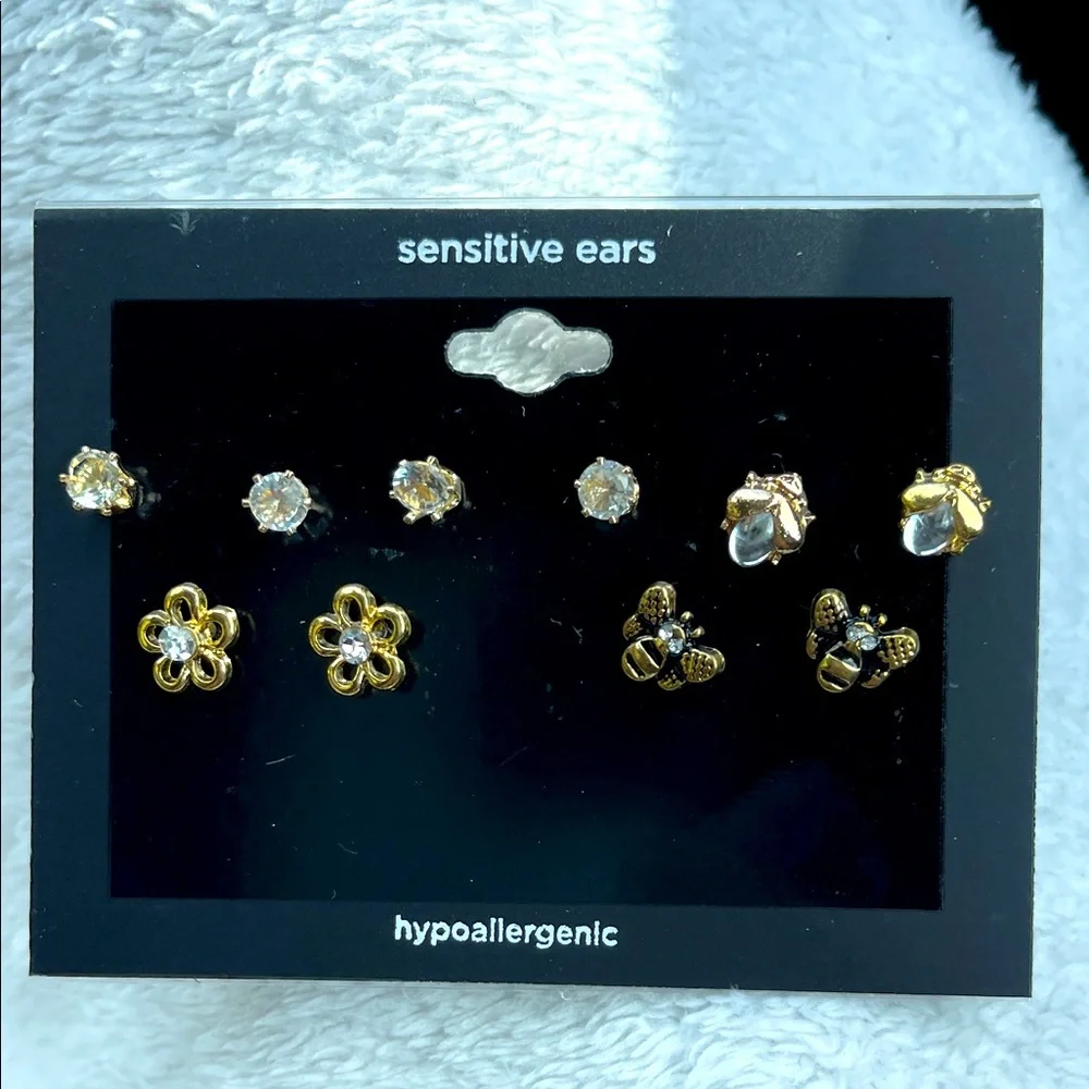 Hypoallergenic Earring Set of 5 for sensitive ears nwt flower bee ladybug studs